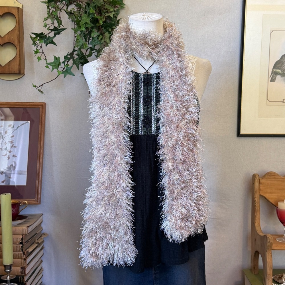 Tan Eyelash Knit Scarf Skinny Y2K Indie Sleaze OS Fuzzy 90s Funky Whimsy